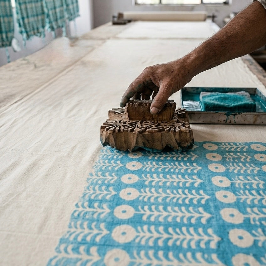 Hand using a wooden block to print a blue and white pattern on fabric.