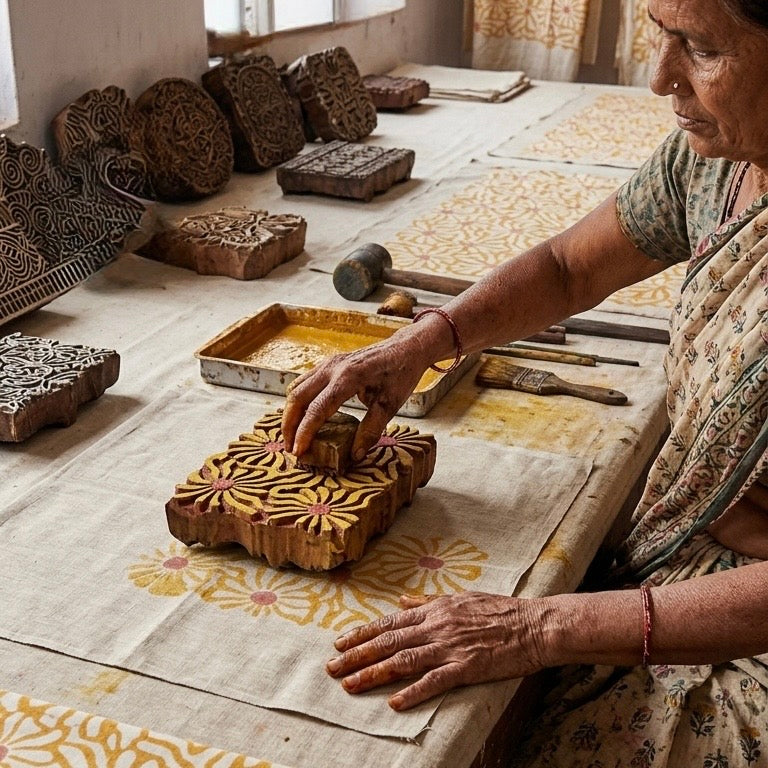 Traditional hand block printing process creating marigold floral pattern on cotton fabric by women artisans