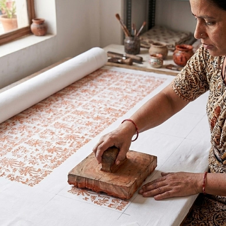 Artisan crafting soft cotton fabric used for boys short sleeve button-up shirt using traditional textile techniques