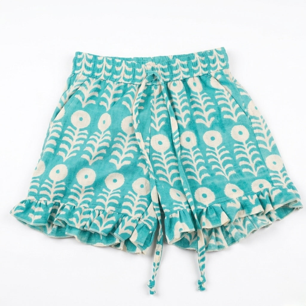 Toddler girls teal floral cotton shorts with ruffle hem front view lightweight breathable summer shorts ages 2 to 5