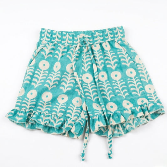 Toddler girls teal floral cotton shorts with ruffle hem front view lightweight breathable summer shorts ages 2 to 5
