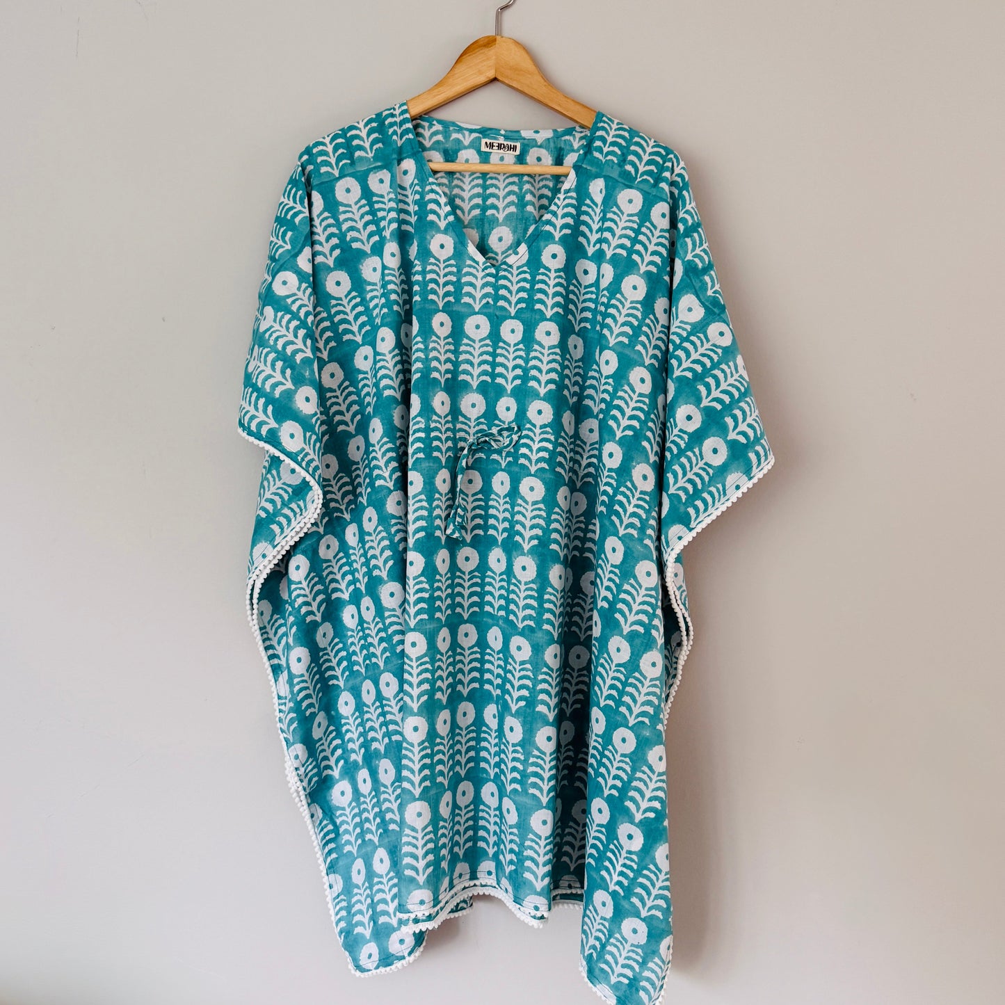 Women cotton beach cover up kaftan front view lightweight block print resort wear for summer and vacations
