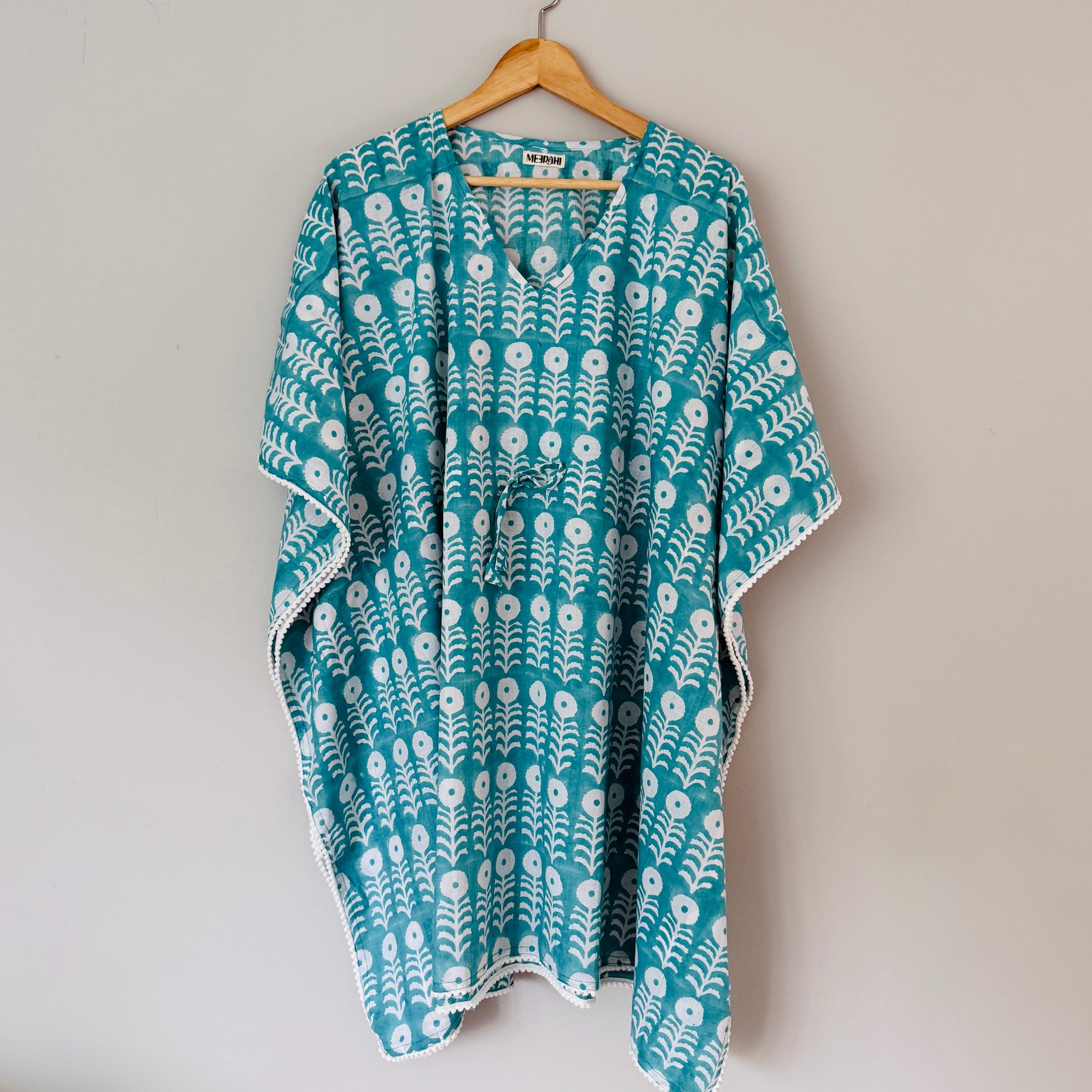 Women cotton beach cover up kaftan front view lightweight block print resort wear for summer and vacations
